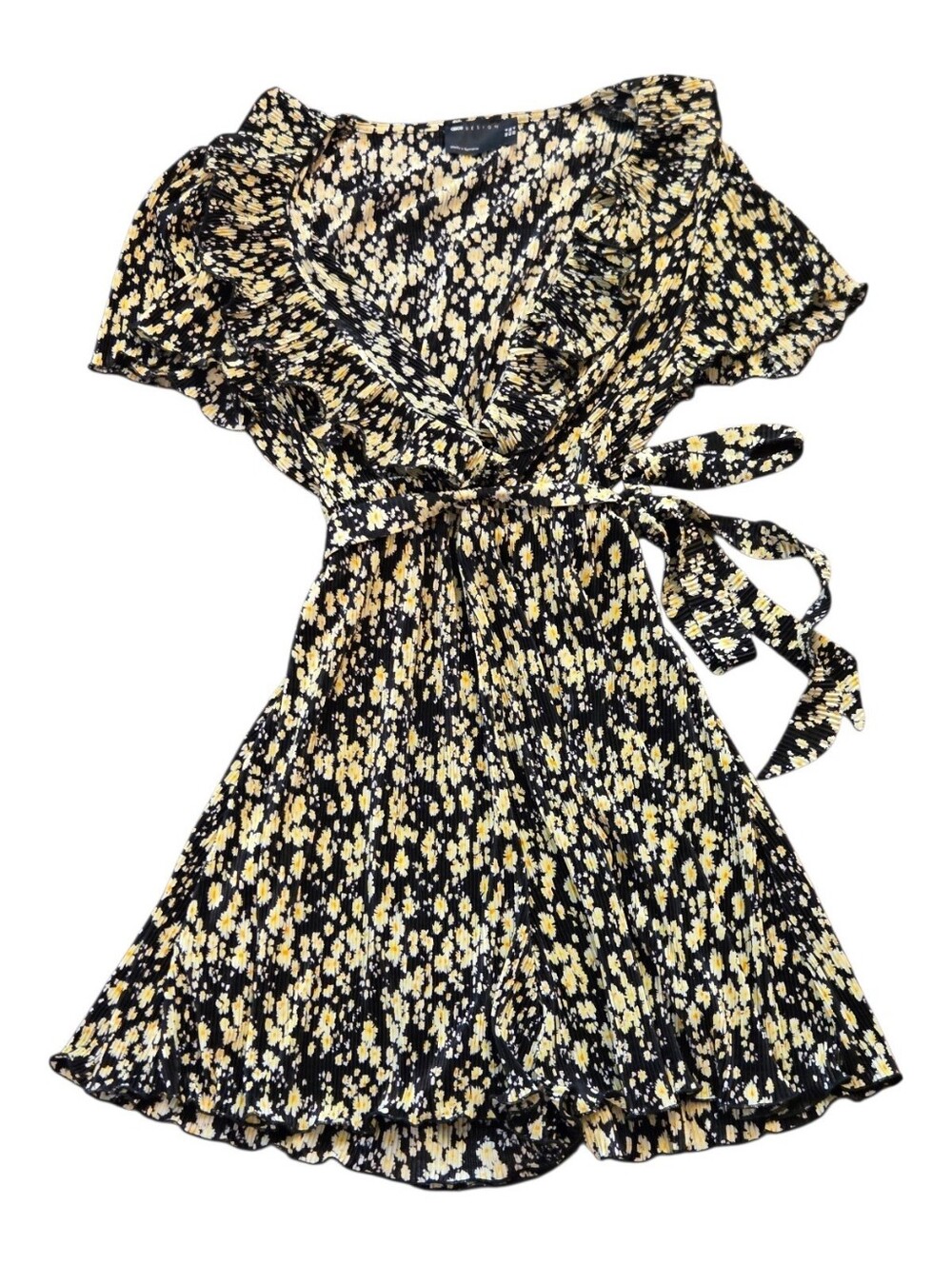 ASOS Design Black Ruffle Wrap Mini Dress w/ Yellow and Cream Floral Print - Sz 4